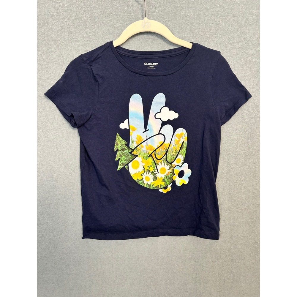 Old Navy Girls Navy Blue Peace Sign Wildflower Graphic Tee Shirt Size L 10-12